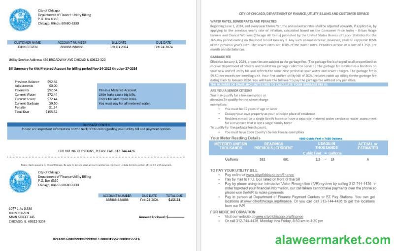 USA City of Chicago department of finance utility bill statement in Word and PDF formats